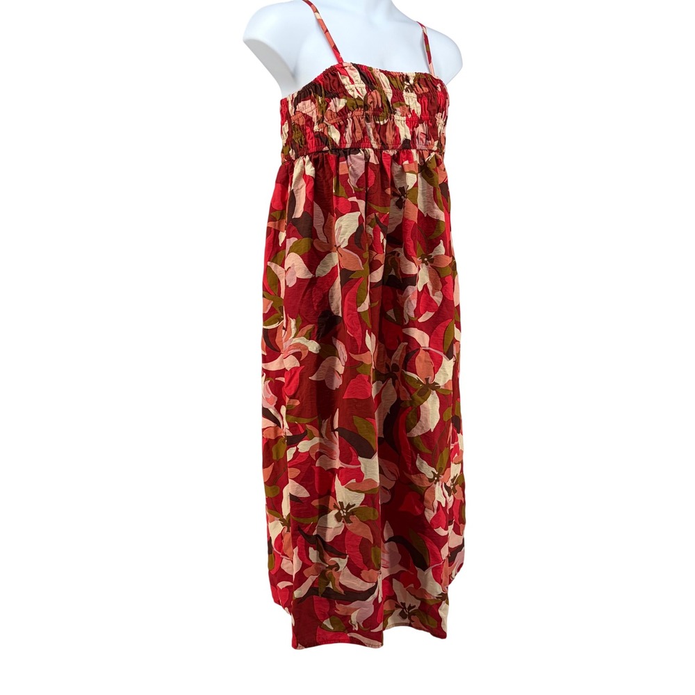 New Day Floral Midi Dress Womens Large Red Pink Smocked Spaghetti Strap Pockets
